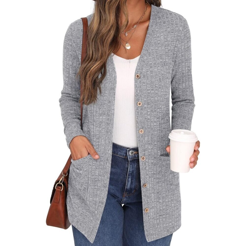 🆕Grecerelle Womens Gray Open Front Button Down Ribbed Knit Lightweight Sweaters